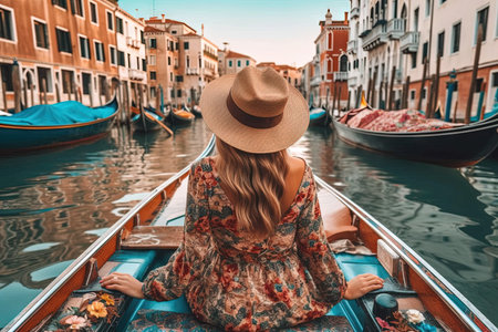 A view from the back of girl tourist sitting on gondola in venica canals illustration generative aiの素材