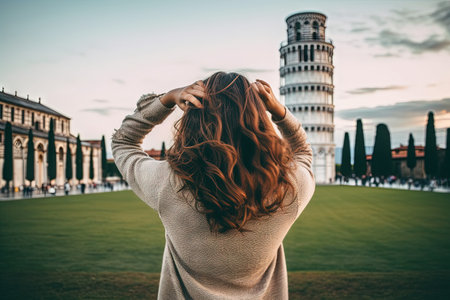 A view from the back of girl tourist taking picture in pisa leaning tower illustration generative aiの素材