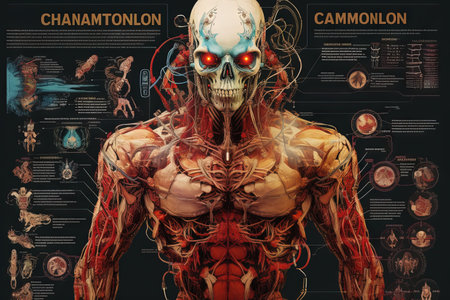 A Human chamaleon cyborg animal detailed infographic full details anatomy poster diagram illustration generative aiの素材