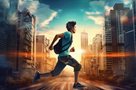 An Active and fit lifestyle concept of a jogger gains a picturesque urban skyline, symbolizing health, fitness, and urban exploration, manga style illustration generative aiの素材