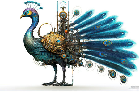 A Peacock bird cyborg animal illustration generative aiの素材