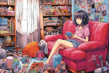 A Manga girl with the ability to communicate with objects, leading to humorous conversations with everyday items. Anime illustration generative aiの素材