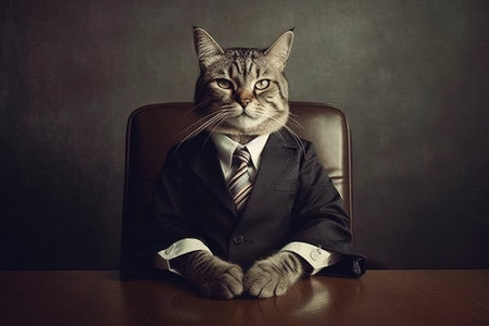 The Cats rulers of the world, wearing tailored suits and holding corporate board meetings to discuss advances in catnip technology illustration generative aiの素材