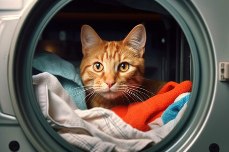 Cat feline detective named Whiskers Paws investigates a case of disappearing socks, in the laundry room illustration generative aiの素材