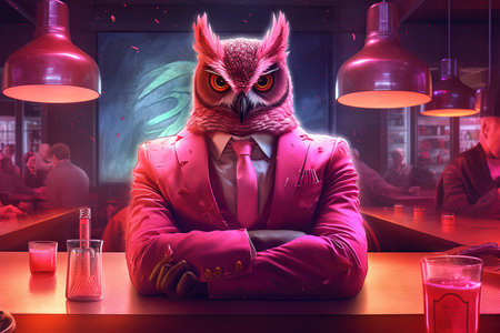 A pink owl draped in a stylish leather jacket that symbolizes its status among the underworld elite in neon bar illustration generative aiの素材