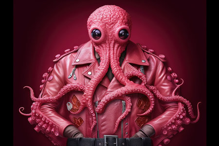 octopus as pink gangster in neon bar illustration generative aiの素材
