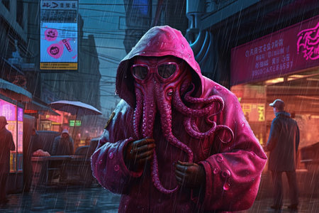 octopus as pink gangster in neon bar illustration generative aiの素材