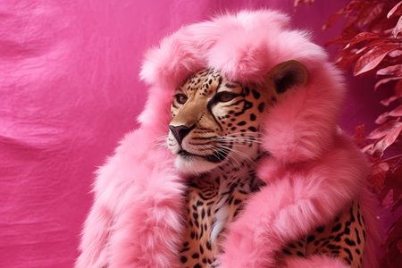 pink leopard cartoon character as pink gangster in neon bar illustration generative aiの素材