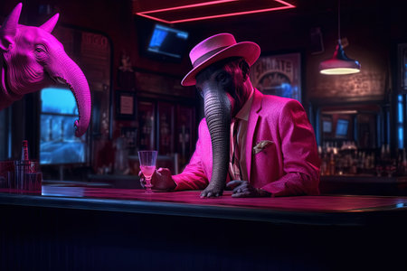 elephant as pink gangster in neon bar illustration generative aiの素材