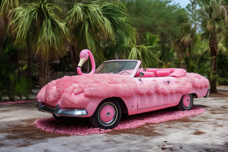 pink flamingo Luxury futuristic convertible sport car of the future illustration generative aiの素材