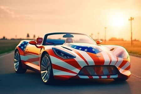 American flag Luxury futuristic convertible sport car of the future illustration generative aiの素材