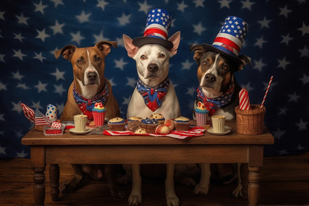 Dogs celebrating America American Independence day 4th fourth july illustration generative aiの素材