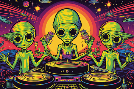 aliens funkyfizing the planet earth with Funky music 70 seventies illustration generative aiの素材