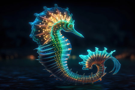 a Fantasy Sireneon, with the body of a seahorse, adorned with bioluminescent patterns and the ability to emit colorful bursts of light illustration generative aiの素材