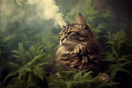 A cat smoking weed relaxed on cannabis leaves illustration generative aiの素材