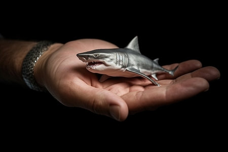 Great white Shark very tiny smallest animal in the world standing on human hand illustration generative aiの素材