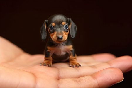 Dachshund dog very tiny smallest animal in the world standing on human hand illustration generative aiの素材