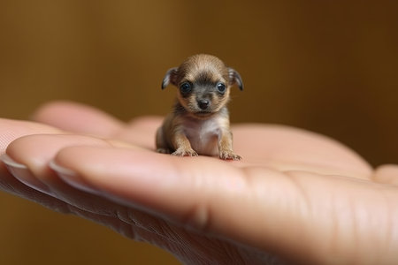 Dog very tiny smallest animal in the world standing on human hand illustration generative aiの素材