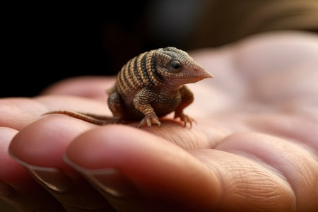 Armadillo very tiny smallest animal in the world standing on human hand illustration generative aiの素材