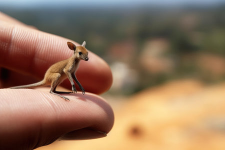 Kangaroo very tiny smallest animal in the world standing on human hand illustration generative aiの素材