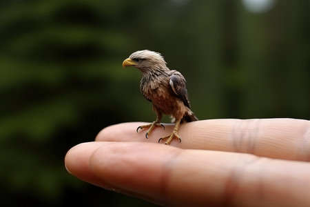 Bald eagle very tiny smallest animal in the world standing on human hand illustration generative aiの素材