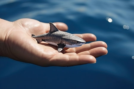 Great white Shark very tiny smallest animal in the world standing on human hand illustration generative aiの素材
