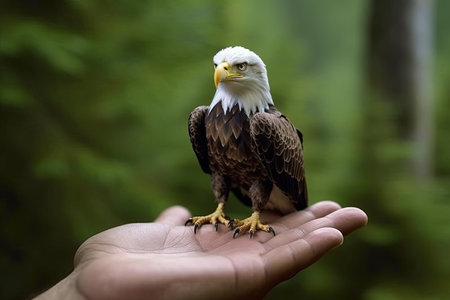Bald eagle very tiny smallest animal in the world standing on human hand illustration generative aiの素材
