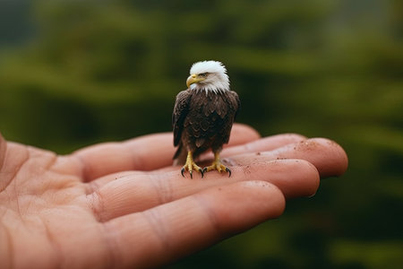Bald eagle very tiny smallest animal in the world standing on human hand illustration generative aiの素材