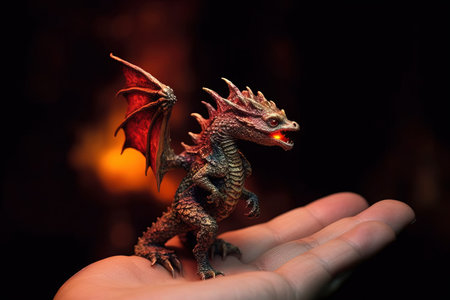Dragon breathing fire very tiny smallest animal in the world standing on human hand illustration generative aiの素材