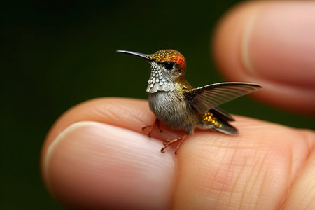 Humming bird very tiny smallest animal in the world standing on human hand illustration generative aiの素材
