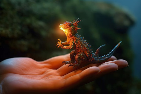 Dragon breathing fire very tiny smallest animal in the world standing on human hand illustration generative aiの素材