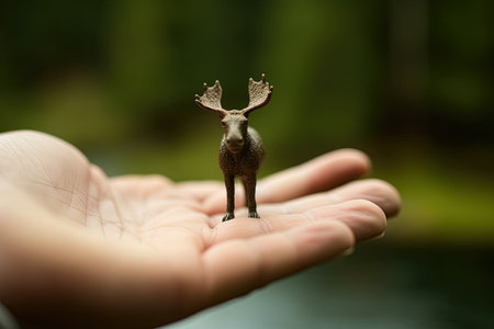 Moose very tiny smallest animal in the world standing on human hand illustration generative aiの素材
