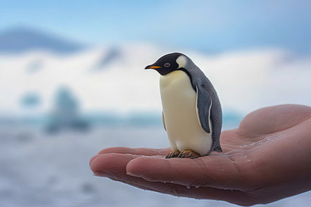 Emperor penguin very tiny smallest animal in the world standing on human hand illustration generative aiの素材