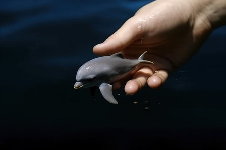 Dolphin very tiny smallest animal in the world standing on human hand illustration generative aiの素材