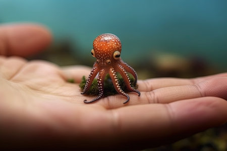 OCtopus very tiny smallest animal in the world standing on human hand illustration generative aiの素材