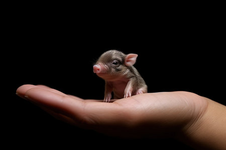 Pig very tiny smallest animal in the world standing on human hand illustration generative aiの素材