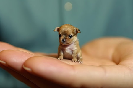 Dog very tiny smallest animal in the world standing on human hand illustration generative aiの素材