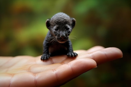 Black panther very tiny smallest animal in the world standing on human hand illustration generative aiの素材