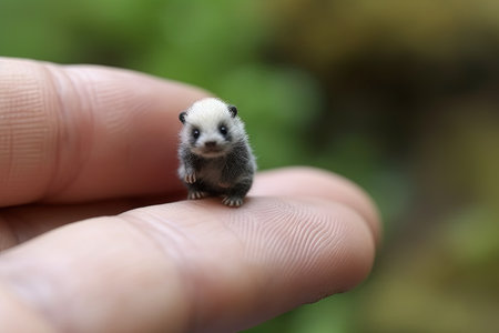 Panda bear very tiny smallest animal in the world standing on human hand illustration generative aiの素材