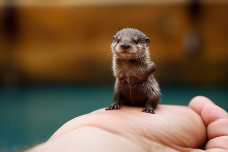 Sea Otter very tiny smallest animal in the world standing on human hand illustration generative aiの素材