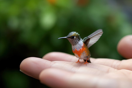 Humming bird very tiny smallest animal in the world standing on human hand illustration generative aiの素材