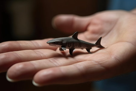 Shark very tiny smallest animal in the world standing on human hand illustration generative aiの素材