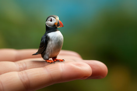 Puffin very tiny smallest animal in the world standing on human hand illustration generative aiの素材