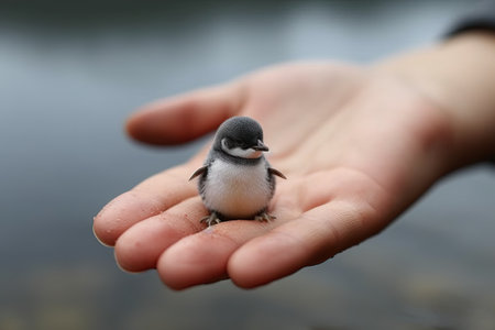 Penguin very tiny smallest animal in the world standing on human hand illustration generative aiの素材