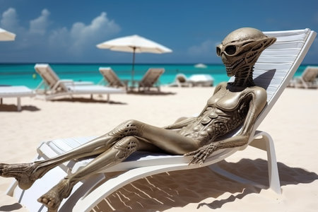 Alien relaxing and sunbathing at the white sandy beach tropical luxury resort cool alien character illustration generative aiの素材