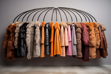 Hundreds eco skin woman luxury coats of different colors clothes hanging from a rack holder illustration generative aiの素材