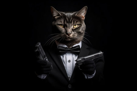 A Cat as secret agent holding a gun on black background illustration generative aiの素材
