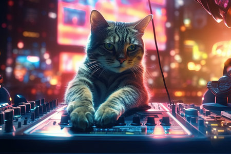 A funny Cat DJ playing in dancefloor club, mixing beats with their paws , igniting a global dance known as The Feline Groove illustration generative aiの素材