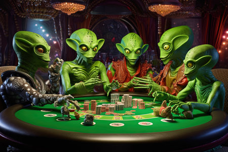 Green funny aliens are playing poker at the space galaxy casino illustration generative aiの素材