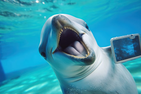 Happy dolphin wild animal making a selfie with smartphone illustration generative aiの素材